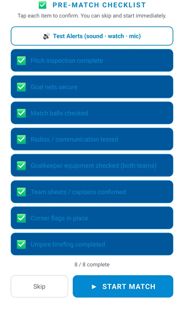 UmpireApp pre-match checklist with eight items ticked, from pitch inspection to umpire briefing