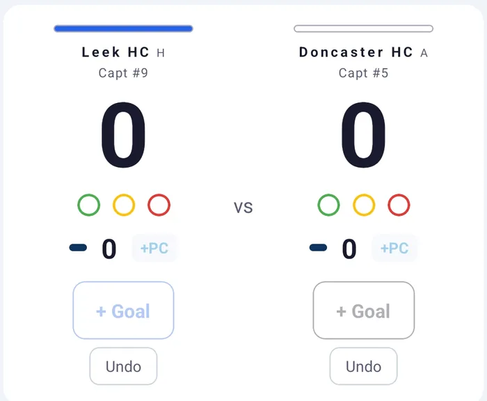 UmpireApp live scoreboard: Leek HC v Doncaster HC with captains, green, yellow and red card indicators, penalty corner counters, Goal and Undo buttons