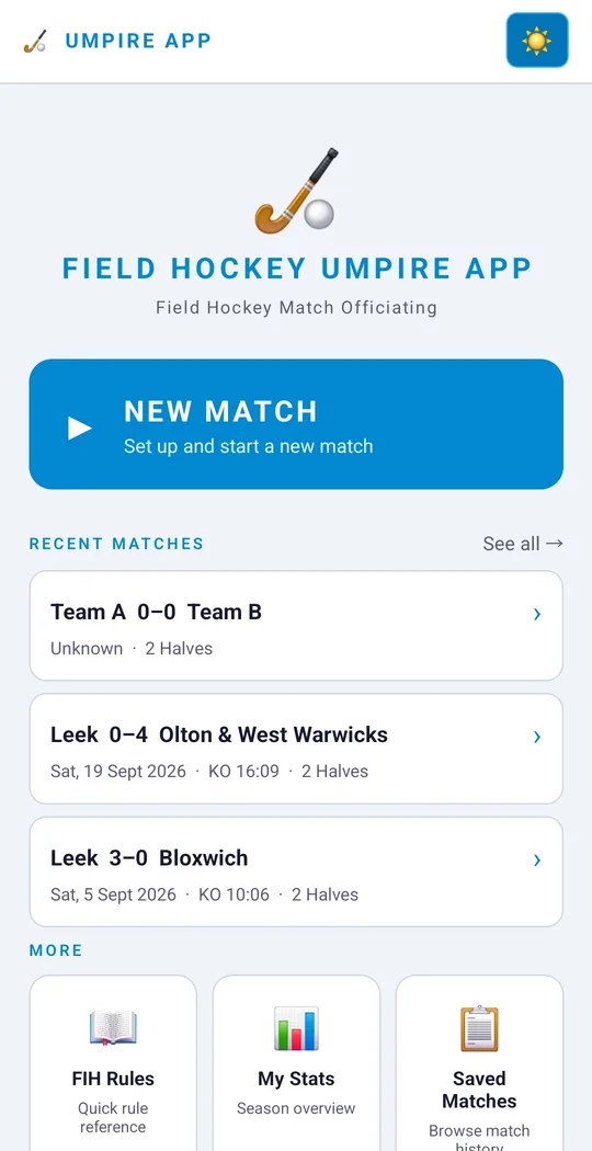 UmpireApp home screen with New Match and recent matches