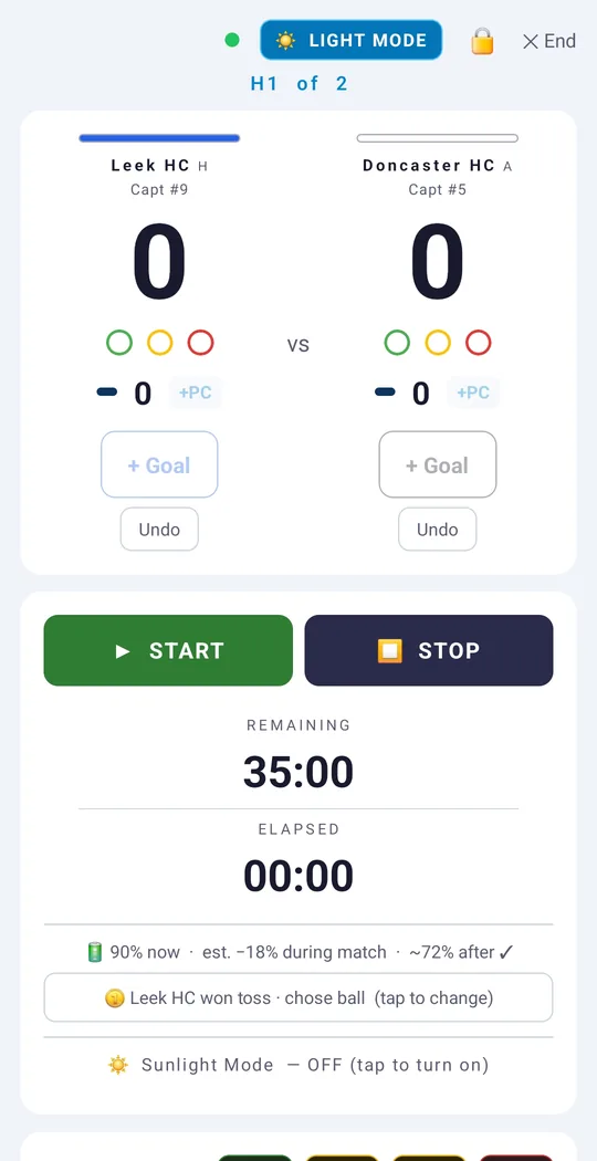 UmpireApp live match screen: Leek HC 0, Doncaster HC 0, captains, card and penalty corner counters, Start and Stop, 35:00 remaining