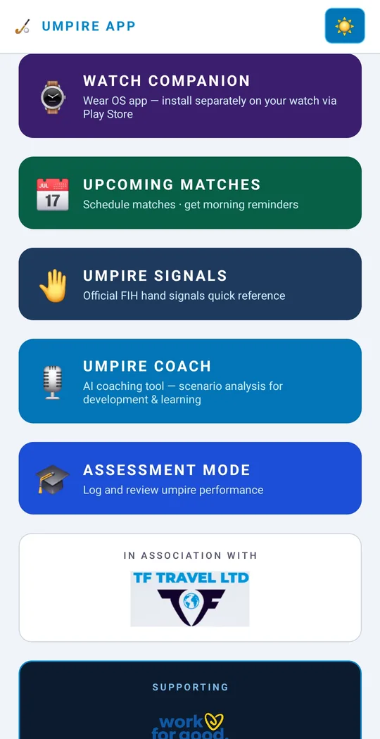 UmpireApp home menu: watch companion, upcoming matches, umpire signals, umpire coach, assessment mode