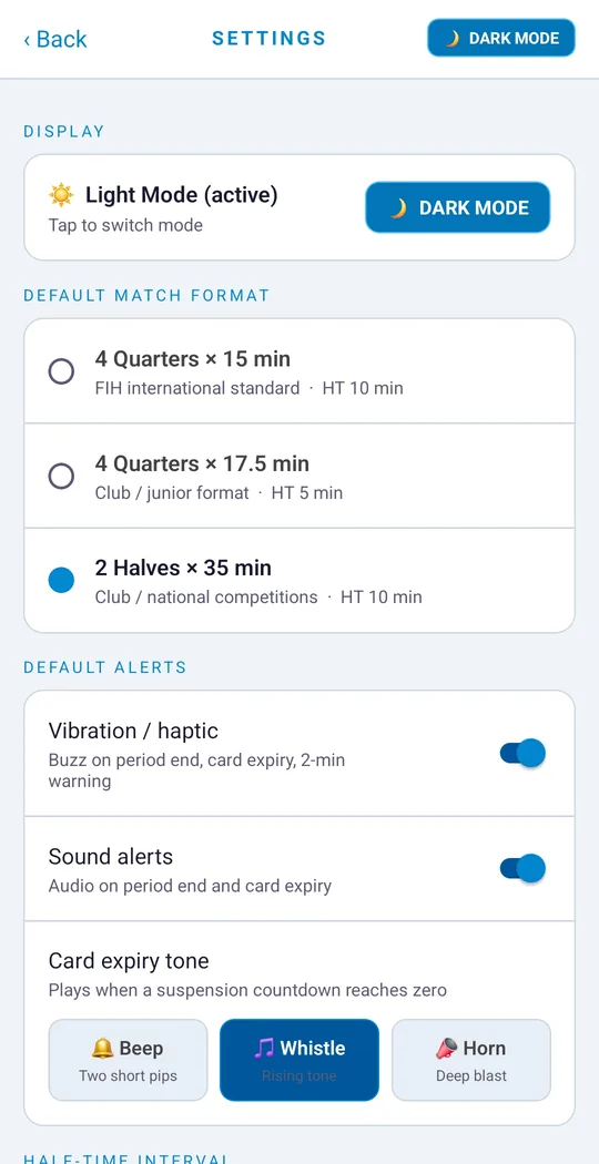 UmpireApp settings: light and dark mode, default match format, alerts and card expiry tone