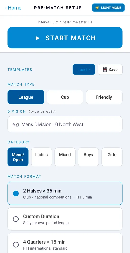 UmpireApp pre-match setup: templates, match type, category and format