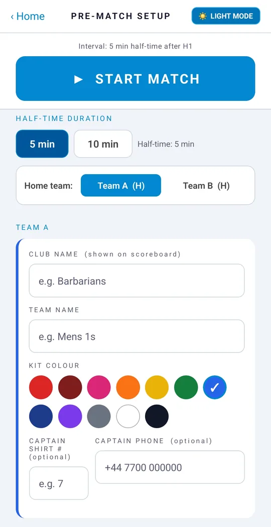 UmpireApp team setup with club name, kit colours and captain