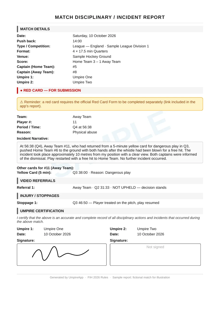 Sample UmpireApp disciplinary report: red card for Away Team #11 with incident narrative, earlier yellow card, video referral, stoppage and umpire signature
