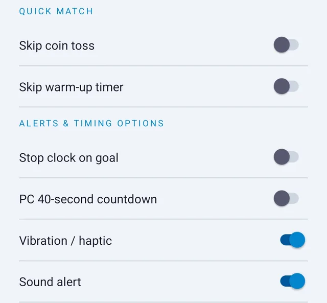 UmpireApp setup options: skip coin toss, skip warm-up timer, stop clock on goal and PC 40-second countdown off, vibration and sound alert on