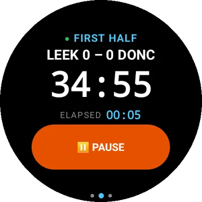 UmpireApp watch screen in the first half: Leek 0-0 Doncaster, 34:55 remaining, 00:05 elapsed, and a Pause button